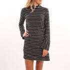 Mock-turtleneck Long-sleeved Oversized Striped A-line Sheath Dress