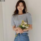 Puff-sleeve Embroidered Stripe T-shirt