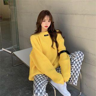 Ribbed Sweater / Patterned Wide Leg Pants