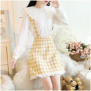 Set: Long-sleeve Eyelet Lace Shirt + Check Jumper Skirt