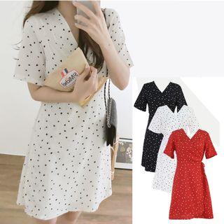 Short-sleeve Heart Pattern Mini Wrap Dress