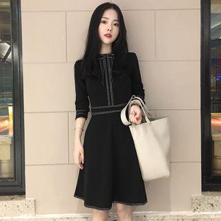 3/4-sleeve Contrast-stitching Mini A-line Dress/ Long-sleeve Dress