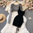 Set Of 2 : Plain Long-sleeve Cardigan + Drawstring Spaghetti-strap Dress Black - One Size