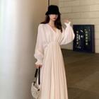 Long-sleeve Pleated A-line Dress White - One Size