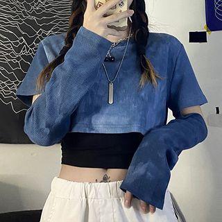 Set: Long-sleeve Tie Dye Cut-out Cropped T-shirt + Camisole Top