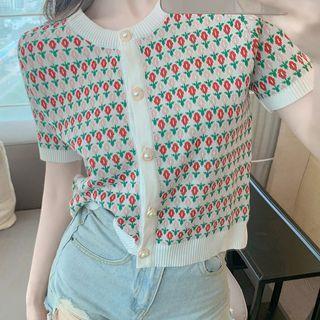 Short-sleeve Floral Cardigan Floral - Red & Pink & Green - One Size