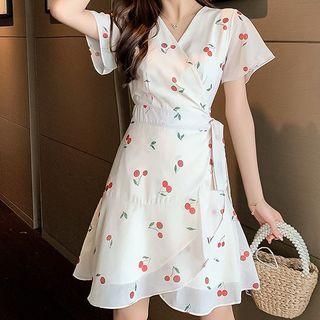 V-neck Cherry Print Mini A-line Dress