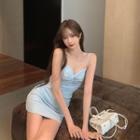 Spaghetti Strap Knotted A-line Dress Light Gray - One Size