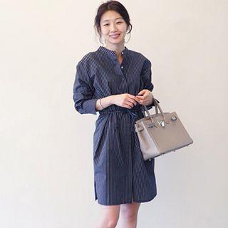 3/4 Sleeve Stand-collar Pinstripe Shirt Dress