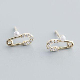 925 Sterling Silver Faux Pearl Safety Pin Earring 1 Pair - S925 Sterling Silver - Gold - One Size