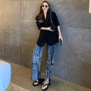Double-breasted Loose Blazer / Tie-dyed Slited Wide Pants