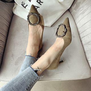 Pointy-toe Rhinestone Buckled Kitten Heel Pumps