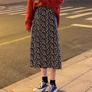 High-waist Floral Long Skirt Black - One Size