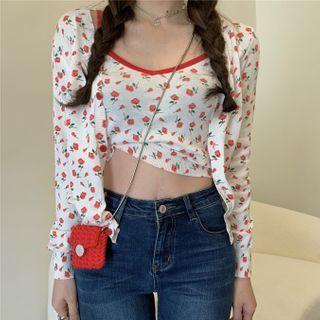 Set: Floral Print Camisole Top + Cardigan Cardigan - White - One Size / Camisole Top - White - One Size