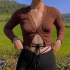 V Neck Lace Panel Crop Knitted Top