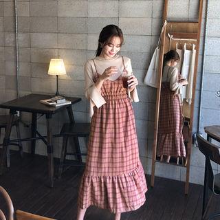 Plaid Ruffle-hem Pinafore Dress Wine Red - One Size