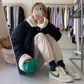Long-sleeve Plain Padded Coat / High-waist Plain Pants