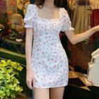 Retro Slim Cut Beige Floral Dress