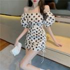Off-shoulder Dotted Drawstring Mini Sheath Dress