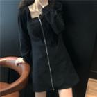 Long-sleeve Zipped Mini Sheath Dress Black - One Size