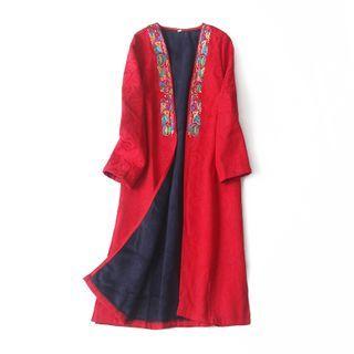 Embroidered Open Front Midi Coat