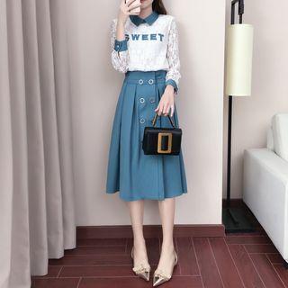 Set: Two-tone Long-sleeve Lace Top + High-waist A-line Skirt