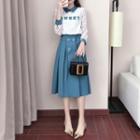Set: Two-tone Long-sleeve Lace Top + High-waist A-line Skirt