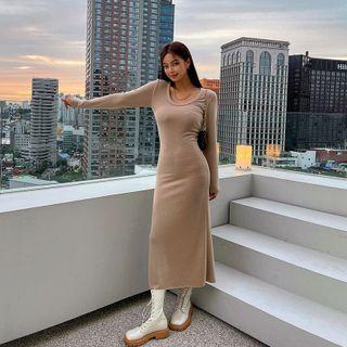 U-neck Napped Maxi Bodycon Dress