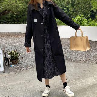 Double-breasted Coat / Puff-sleeve Floral Print Midi A-line Dress