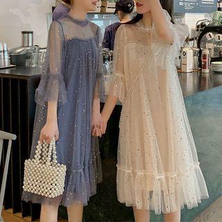 Elbow-sleeve Mesh A-line Dress