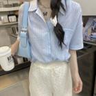 Short-sleeve Striped Shirt / Lace Camisole Top / Wide Leg Pants