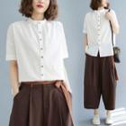 Short-sleeve Band-neck Shirt White - One Size