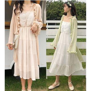 Ruffle Trim Long Cardigan / Strappy A-line Midi Dress