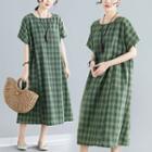 Plaid Elbow-sleeve Midi Shirt Dress As Shown In Figure - One Size