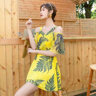 Leaf Print Cold-shoulder Swimdress