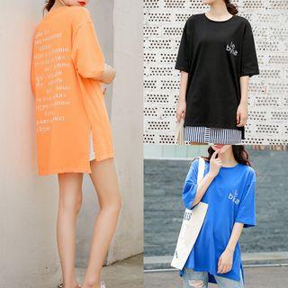 Lettering Elbow-sleeve Loose-fit Slit-side T-shirt