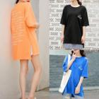 Lettering Elbow-sleeve Loose-fit Slit-side T-shirt
