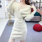 V-neck Long-sleeve Knit A-line Mini Dress