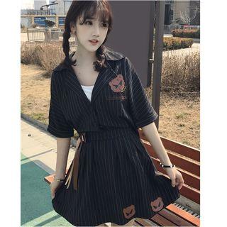 Set: Bear Print Striped Elbow Sleeve Shirt + A-line Skirt