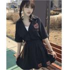 Set: Bear Print Striped Elbow Sleeve Shirt + A-line Skirt
