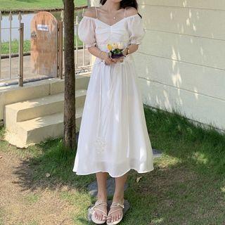 Cold-shoulder Faux Pearl Strap Midi A-line Dress