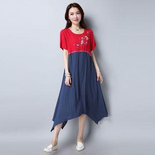 Floral Embroidered Color Block Short-sleeve Midi A-line Dress