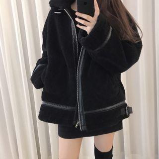 Long-sleeve Contrast Trim Faux Fur Zipped Coat