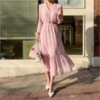 V-neck Ruffle-hem Chiffon Dress Pink - One Size