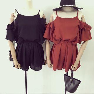 Set: Cold Shoulder Chiffon Blouse + Wide Leg Shorts