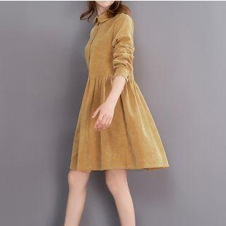 Plain Collared Long Sleeve Corduroy Dress