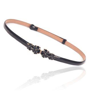 Flower Accent Faux Patent Leather Slim Belt