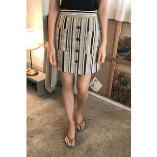Buttoned Striped Linen Blend Miniskirt