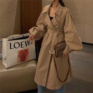 Balloon-sleeve Double-breasted Trench Coat Khaki - One Size