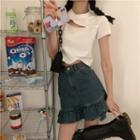 Short-sleeve Cut Out T-shirt / Denim A-line Skirt